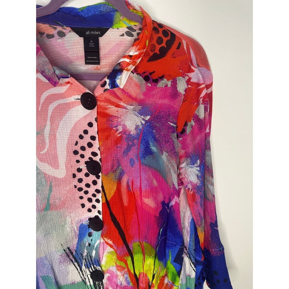 Ali Miles Mix Print Wearable Art to Wear Blouse Button Artsy Wired Collar Top M - Picture 12 of 13
